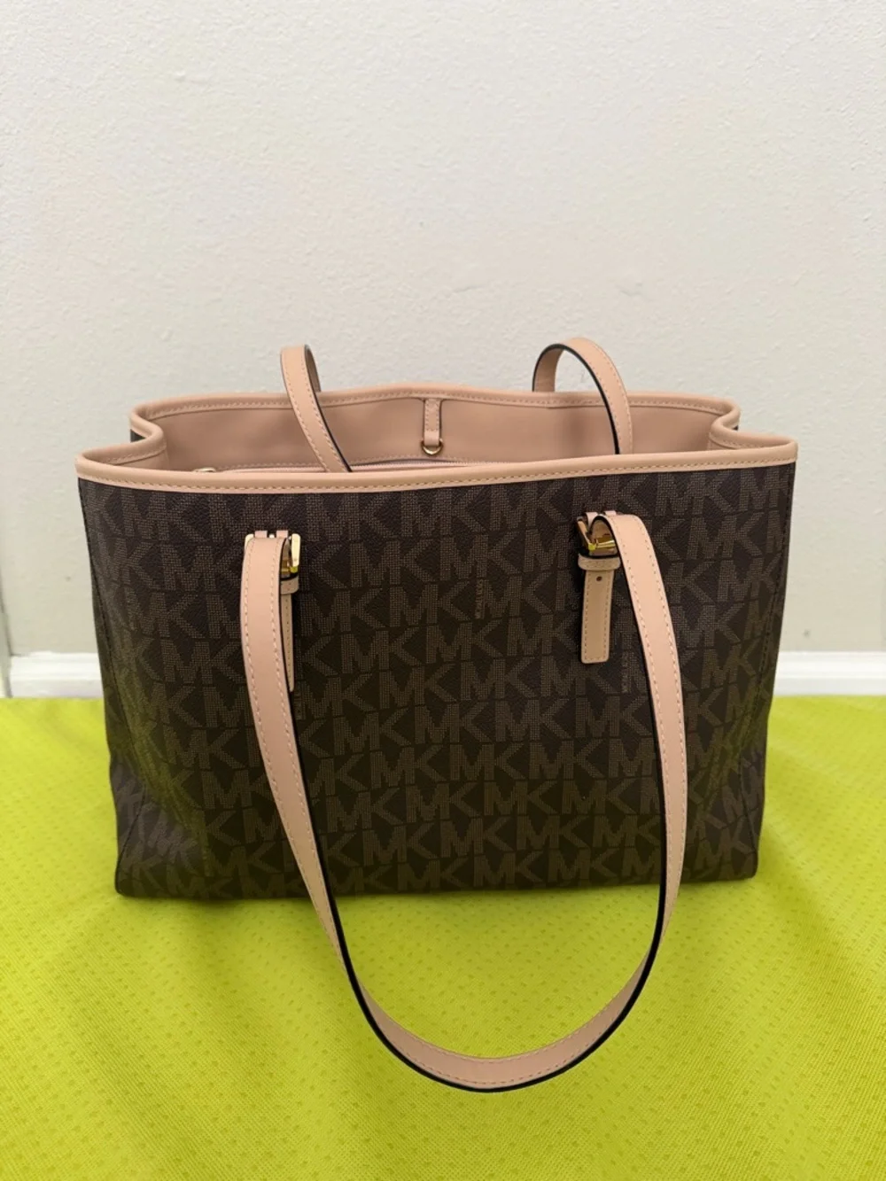 Michael Kors Brown Logo Tote with Pink Trim